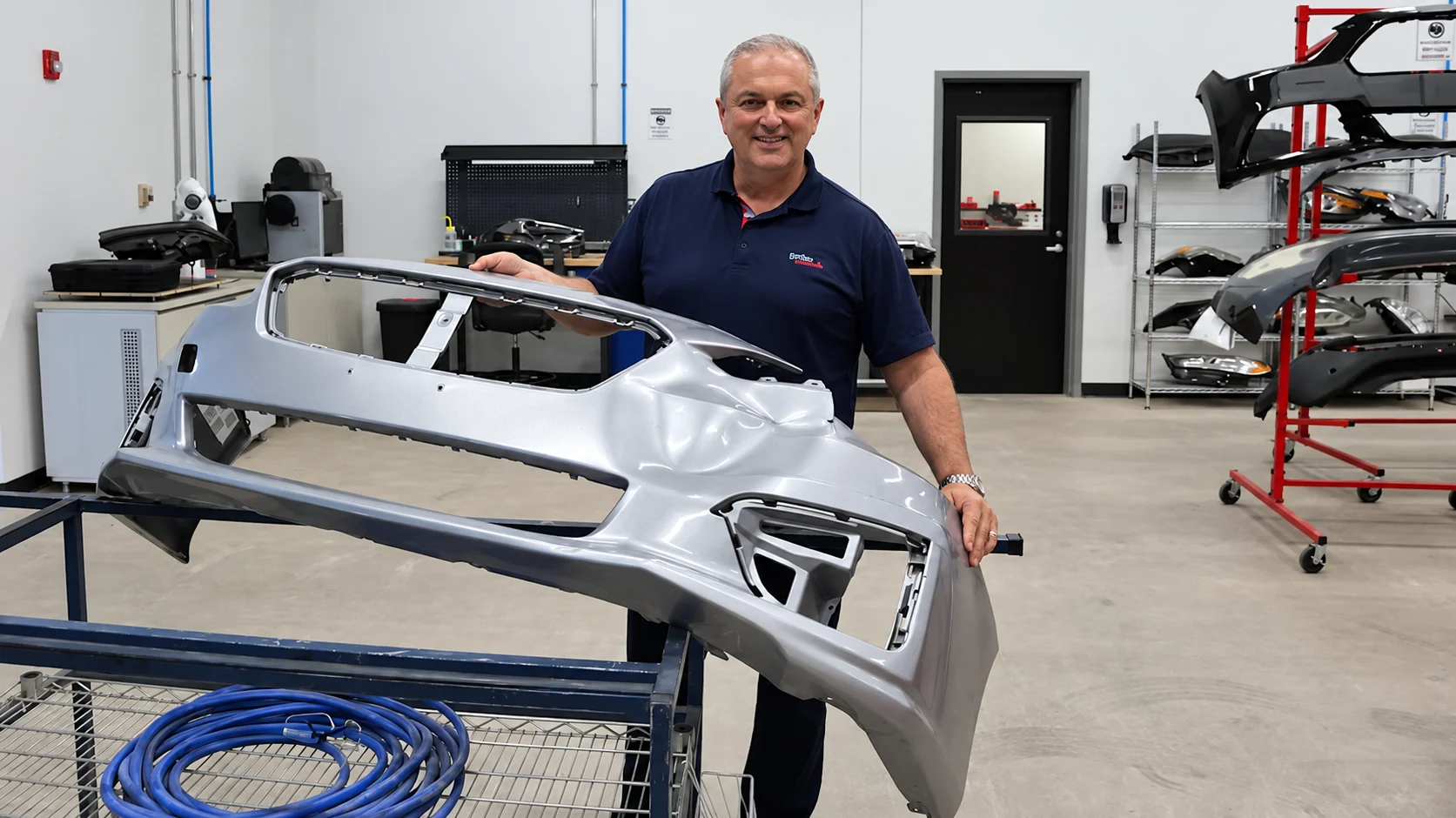 Mario holding a damaged silver bumper cover in a workshop